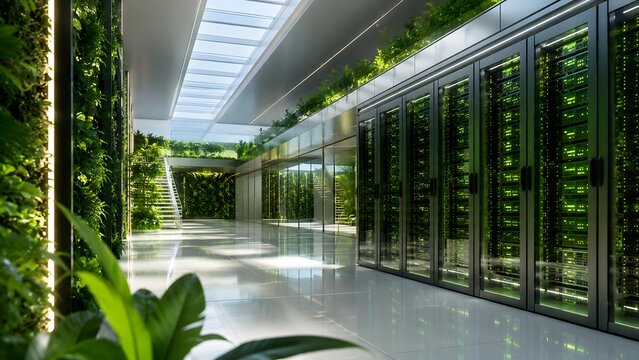 Bright eco-friendly server room with natural sunlight. Modern green data center interior featuring living plant walls skylights and sustainable IT infrastructure for clean cloud computing.