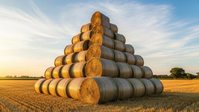 Pyramid of hay bales in a rural field at sunset