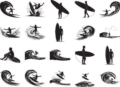 Surfing Silhouettes Collection Waves and Athletes
