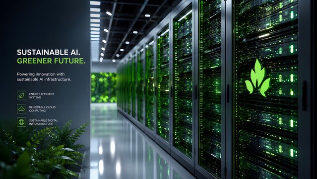 Sustainable AI and greener future concept. Modern server room aisle with glowing green lights and eco-friendly infrastructure graphics highlighting renewable cloud computing and energy efficiency.