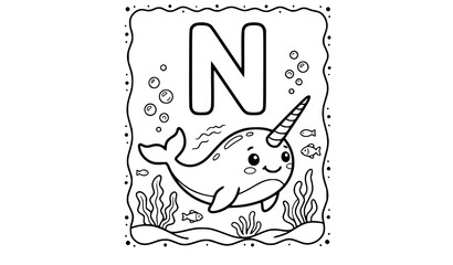Cute narwhal alphabet coloring sheet letter N vector illustration © Wahida