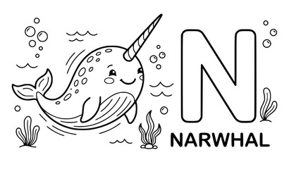 Narwhal letter N coloring page vector cute ocean alphabet art © Wahida