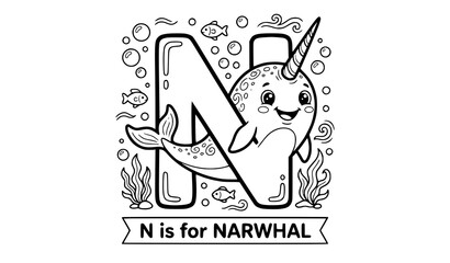 Letter N narwhal coloring page cute alphabet animal line art © Wahida