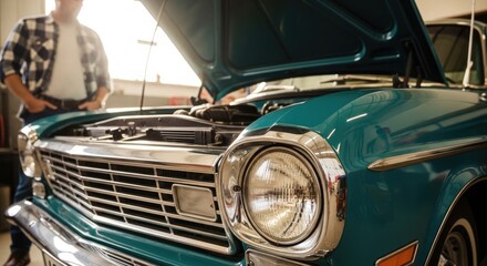 Fototapeta premium Teal classic car with hood up in garage with man standing nearby