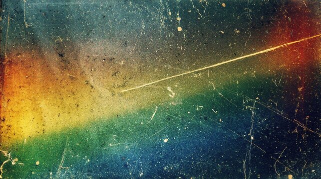Textured abstract background with light‑blue‑to‑deep‑black vertical gradient, prominent green and yellow mid‑left tones, bright diagonal RGB spectrum light streak at upper right, scattered fine scratc
