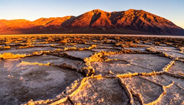 Cracked Earth Landscape with Mountains at Sunset - A Desert Vista.