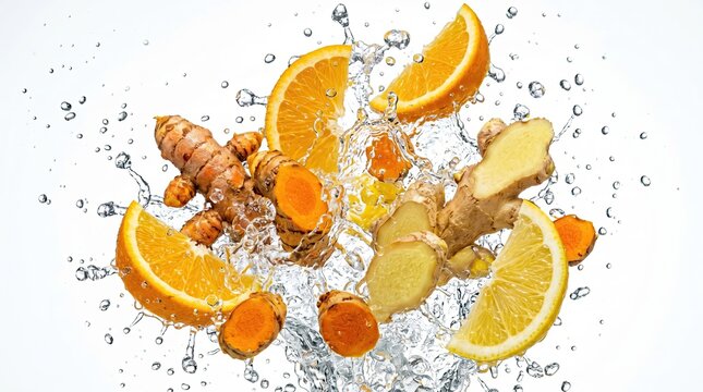 Fresh citrus fruits and turmeric root splashing in water, showcasing vibrant colors and textures against a clean white background