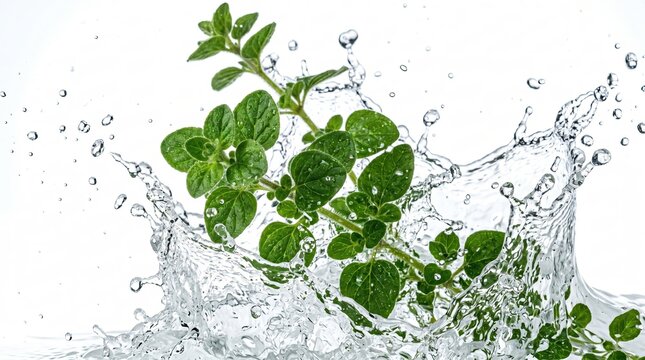 Fresh green oregano leaves splashing in clear water against a white background, creating dynamic droplets and ripples in a vibrant culinary setting