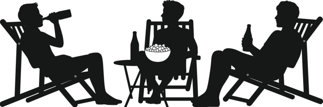 Three people sitting deck chairs drinking bottles popcorn table silhouette social gathering relaxation leisure vector illustration black design concept image