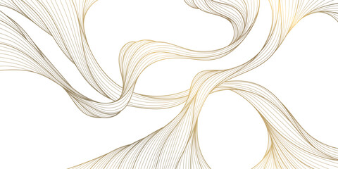 Obraz premium Luxury abstract gold wave pattern with elegant flowing lines background. Premium vector design, soft silk texture, geometric curves, Japanese ornament, business banner, card, wallpaper.