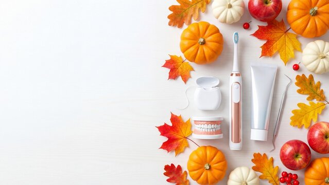 Flat lay of electric toothbrush toothpaste dental floss and dentures arranged with orange pumpkins red apples and maple leaves on white background. Oral hygiene products in autumn theme for seasonal