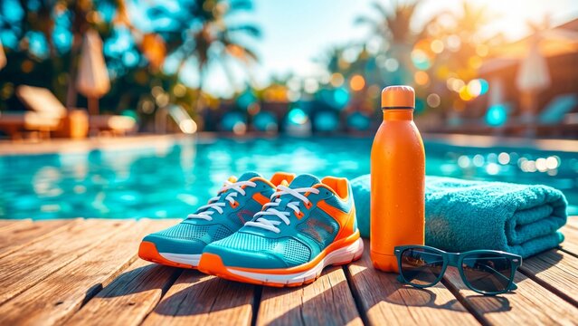 Pair of running shoes water bottle sunglasses and towel on wooden deck by swimming pool. Tropical resort essentials for summer vacation. Fitness and relaxation concept at sunny beach getaway
