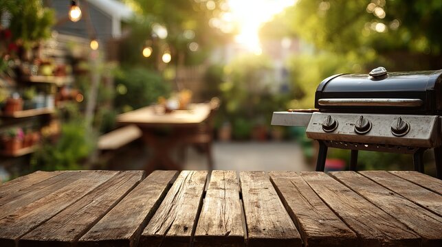 A grill is ready for a backyard barbecue on a wooden deck