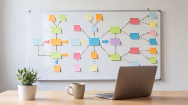 An organized workspace featuring a laptop, coffee, and colorful flowcharts.