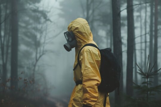 Person in hazmat suit walking through misty forest