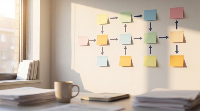Bright workspace with colorful sticky notes and a coffee cup on a desk.