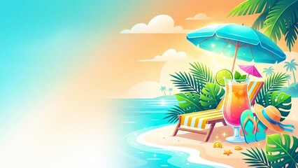 Fototapeta premium Tropical beach scene with lounge chair under blue umbrella, fruity cocktail glass with lime and mint, flip flops and sun hat on sandy shore at sunset. Summer vacation relaxation concept with ocean