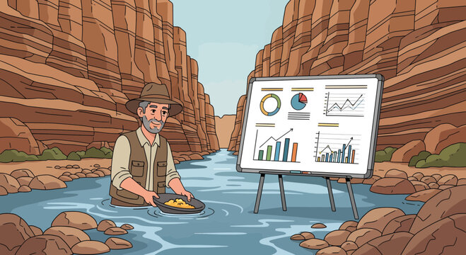 gold prospector presenting business charts in river canyon