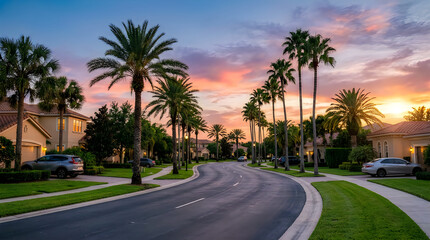 Fototapeta premium Suburban street with palm trees at sunset