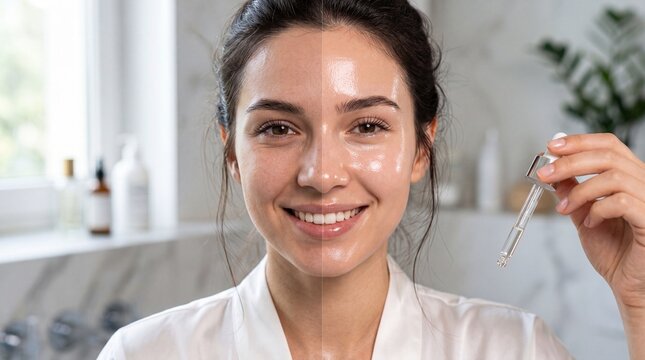 Before and after glass skin woman with glowing hydrated face skincare serum healthy complexion natural beauty bathroom background youthful appearance happy expression