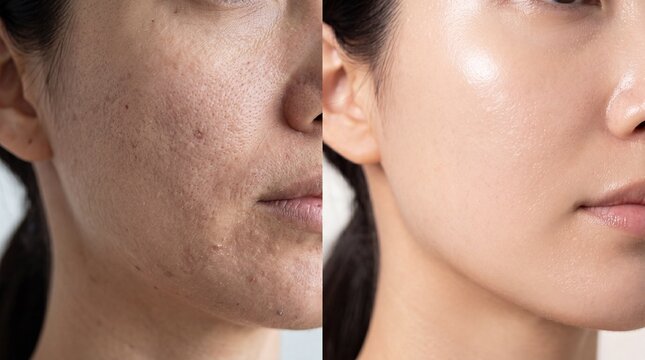 Before and after glass skin Asian woman close up smooth complexion glowing healthy skincare transformation beauty facial clear radiant