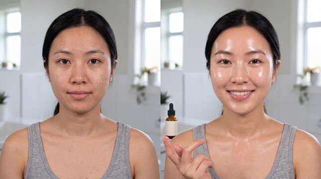 Before and after glass skin Asian woman skincare glowing complexion radiant healthy transformation serum beauty natural smooth youthful