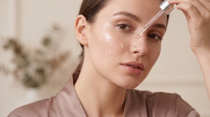 Fototapeta premium Woman applying serum dropper glass skin portrait natural beauty glowing complexion skincare routine healthy face hydration youthful fresh smooth wellness self care indoors