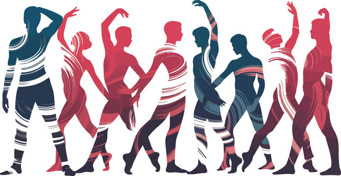 Dynamic dancers silhouettes with abstract colorful striped patterns vector illustration featuring various ballet and contemporary dance poses for artistic performance theater and expressive movement d