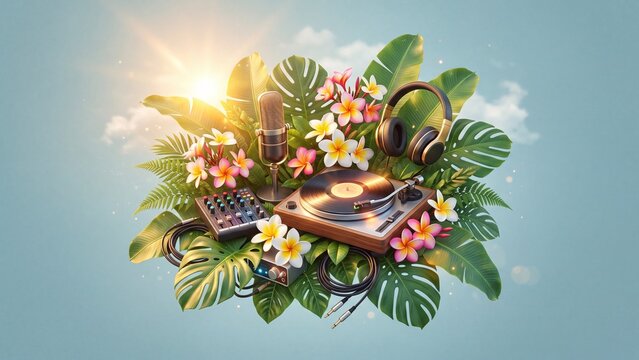 Tropical DJ setup with wooden turntable mixer microphone and headphones surrounded by monstera leaves plumeria flowers and cables. Vibrant entertainment concept illustration