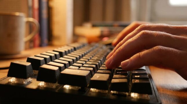 Close-up of a person typing on a computer keyboard with a cozy workspace setting