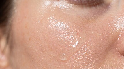 Fototapeta premium Extreme close up of smooth glass skin with visible pores, natural glow, and dewy texture, highlighting healthy complexion and hydration on cheek area, radiating freshness and vitality