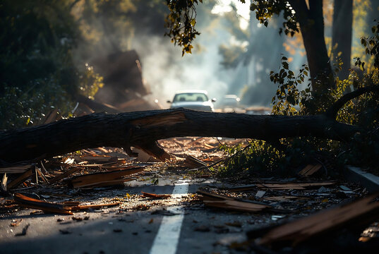 A fallen tree lies across a road, causing damage and disruption after a storm. It appears to be in a residential area with trees lining the street.