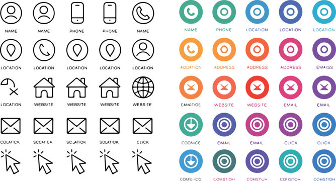 Professional business card contact information icon set featuring outline and colorful circle styles for phone email location website and user profile communication branding elements.