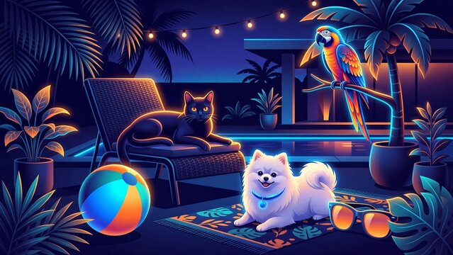 Black cat lounging on rattan chair by swimming pool at night. White Pomeranian dog with sunglasses on rug near beach ball. Macaw parrot perched on palm tree. Neon-lit tropical pet vacation concept