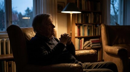 Obraz premium Older man sitting in cozy living room reading books with thoughtful pose