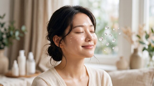 Young woman with glowing skin serum drops natural light skincare beauty healthy complexion Asian peaceful moisturizing home interior