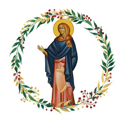 Obraz premium Anna the Prophetess. Decorative vintage floral wreath, illustration in Byzantine style isolated