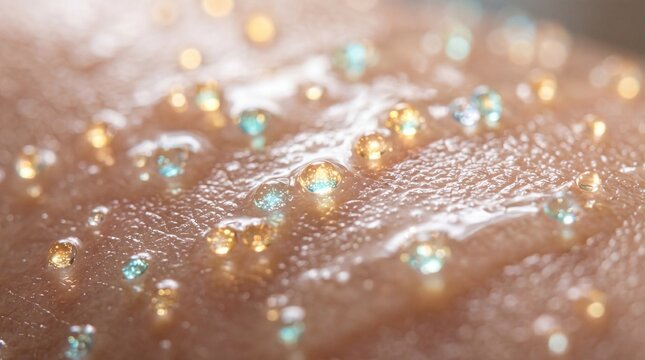 Glowing hyaluronic acid serum beads on smooth skin surface, highlighting hydration, moisture, and skincare with radiant, healthy, and luminous appearance in macro shot