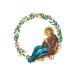 Obraz premium The Blessed Virgin Mary. Decorative vintage floral wreath, illustration in Byzantine style isolated