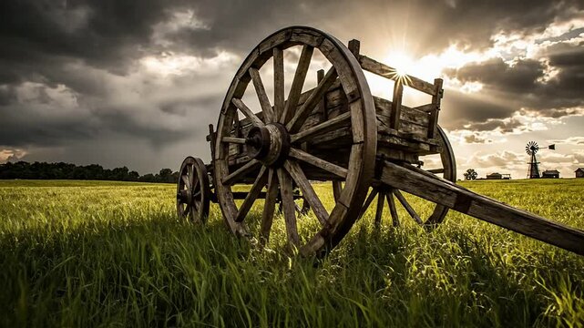 Old wooden wagon sits abandoned in a green field under stormy cloudy sky