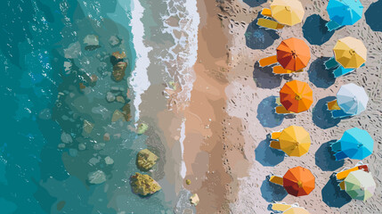 Aerial View of Colorful Beach Umbrellas on Sandy Shoreline with Rocky Ocean in Summer © AI PIC