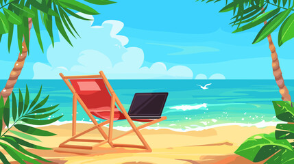 Obraz premium Relaxing Beach Scene with Laptop on Chair Overlooking Tranquil Ocean and Palm Trees