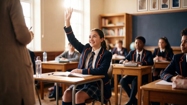 Girl student raising hand in classroom during lesson. Woman teacher engaging diverse pupils with pen. Active learning and education concept in school environment