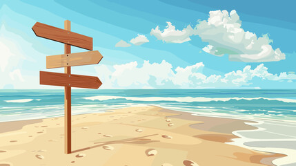 Wooden Signpost with Directional Arrows on Sandy Beach Overlooking Calm Ocean Waves and Blue Sky © AI PIC