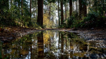 Fototapeta premium Forest puddle reflecting trees in peaceful woodland.