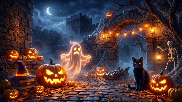 Spooky Halloween castle entrance with carved pumpkins, floating ghosts, black cat and skeleton holding lantern. Eerie night scene under crescent moon with cobwebs, bats and witch hat