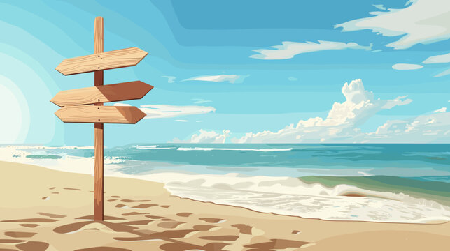 Wooden Signpost Pointing Towards Various Directions on a Sunny Beach with Blue Ocean Background