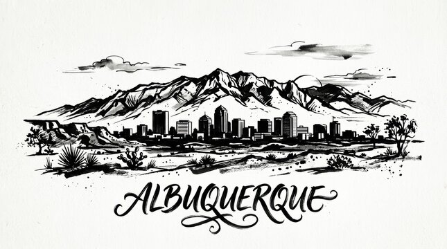 Albuquerque skyline silhouette with desert horizon, Sandia Mountains outline, and urban buildings, beautiful lettering below reading "ALBUQUERQUE"