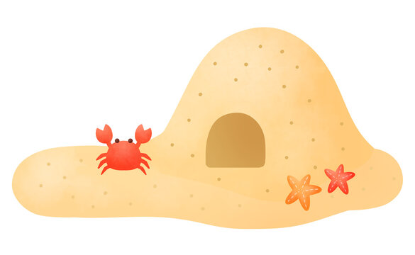 砂遊びとカニとヒトデのイラスト