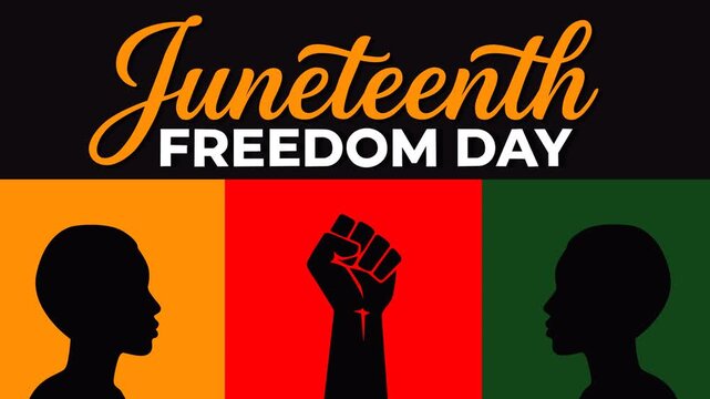 Powerful Juneteenth Freedom Day themed motion background featuring raised fist symbol, African heritage colors, and silhouettes celebrating freedom, equality, culture, and unity.